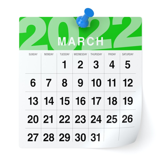 Maart 2022 - kalender. geïsoleerd op een witte achtergrond. 3d illustratie