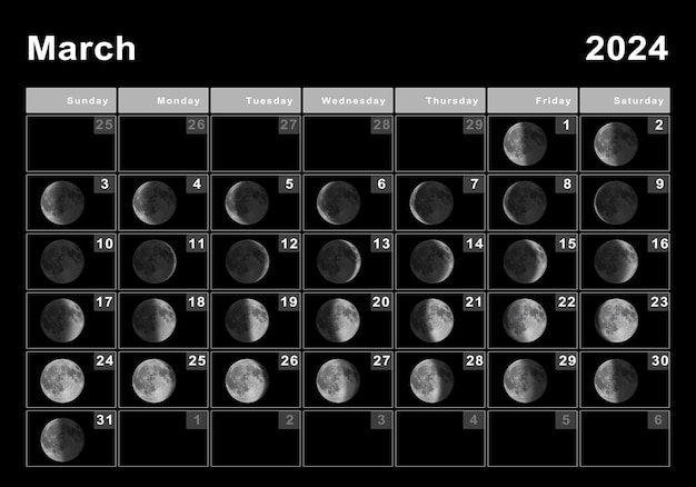 Foto maart 2024 maankalender, maancycli, maanfasen