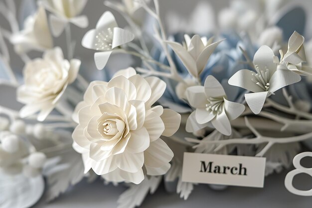 Foto maartkaart met papieren bloemen op een zilveren achtergrond concept maartkaart papieren bloemen zilveren achtergrond