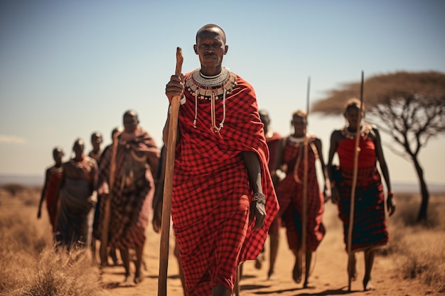 Foto un gruppo di masai che cammina attraverso le terre aride dell'africa