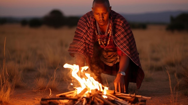 a maasai mara man lights a bonfire using a traditional method