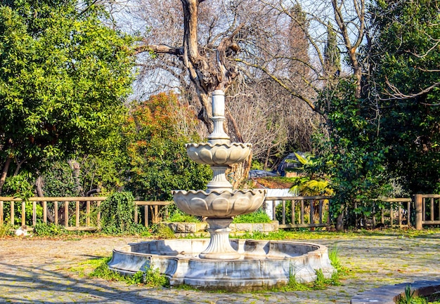 A mable fountain in a park with a tree in the background