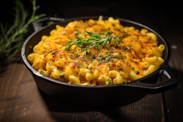 Mac and cheese cooked in a cast iron pan