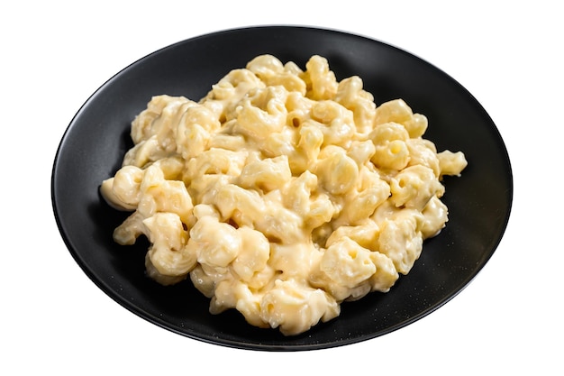 Mac and cheese macaroni pasta in cheesy sauce Isolated on white background