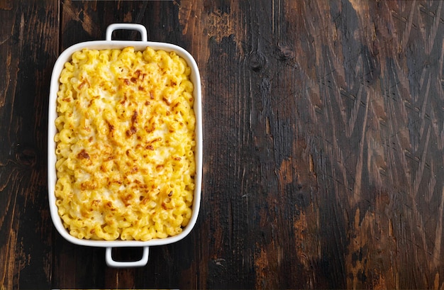 Mac n cheese traditional american food top view copy space