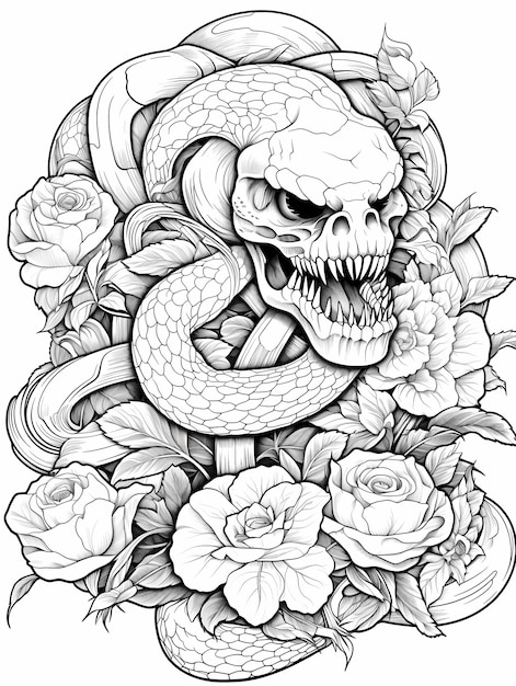 Foto macabre blooms intricate rose e serpenti zombie pagina di colorazione per adulti