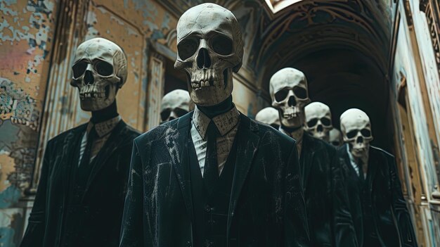 Photo a macabre scene unfolds as skeletal figures don tailored suits their ghostly visages contrasting