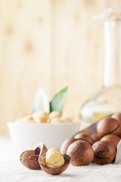 Macadamia nut scattered on a light table in the morning.