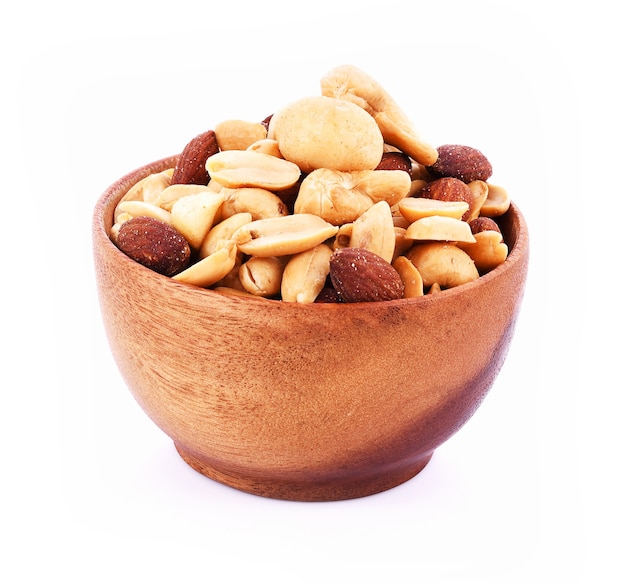 Macadamia nuts, cashews, almonds, peanuts on white background