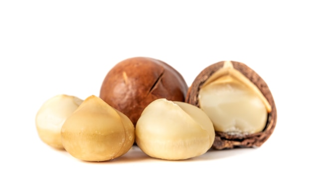 Foto noci di macadamia cibo sano nutrizione isolato su sfondo bianco