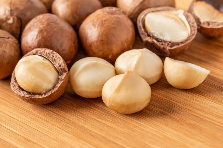 Photo macadamia nuts healthy nutrition food on wooden table