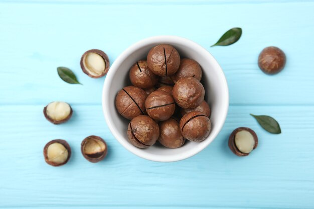 Macadamia nuts on the table on a light background closeup