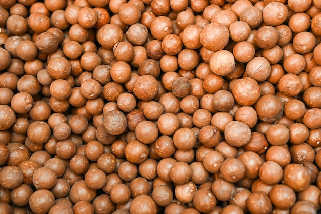 Macadamia nuts texture background fresh natural shelled raw macadamia nuts in a full frame close up pile of roasted macadamia nut top view