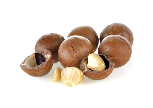 Macadamia nuts on white background