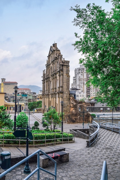 Macao, China - April 2, 2020: Ruins of St. Paul's catholic church built in 1640, Macao's best known landmark and UNESCO World Heritage Site