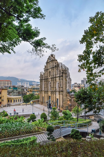 Macao, China - April 2, 2020: Ruins of St. Paul's catholic church built in 1640, Macao's best known landmark and UNESCO World Heritage Site