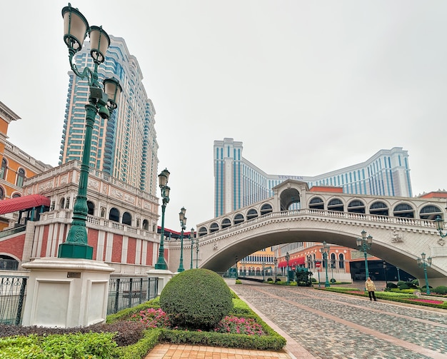 Macao, china - march 8, 2016: bridge at venetian macau casino\
and hotel, luxury resort in macao, china. people on the\
background