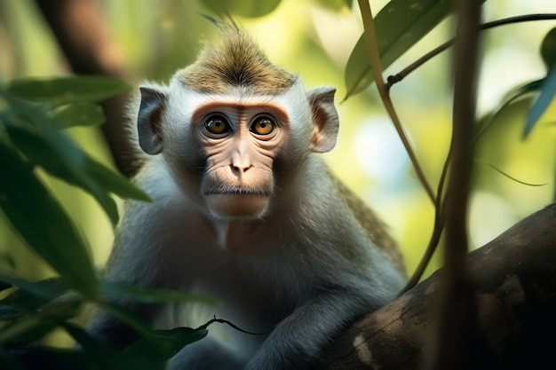 Macaque Monkey in the Wild Jungle Habitat Generative AI