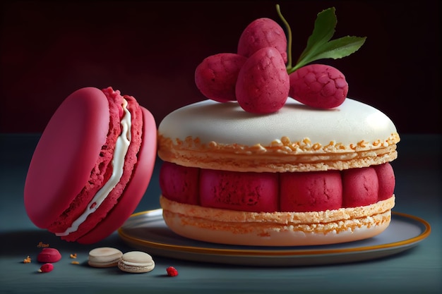 Macaron gateau patisserie dessert framboise gourmet Generative Ai