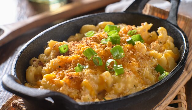 Macaroni and cheese baked in cast iron skillet