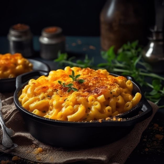 Macaroni and cheese in a black dish with a spoon next to it.