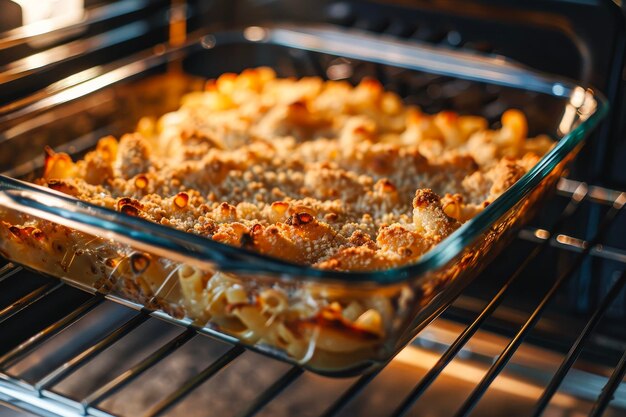 A macaroni and cheese crisping in the oven with pasta cheese and breadcrumbs