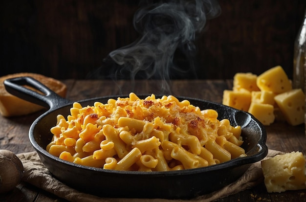 Macaroni en kaas in een kastironpan