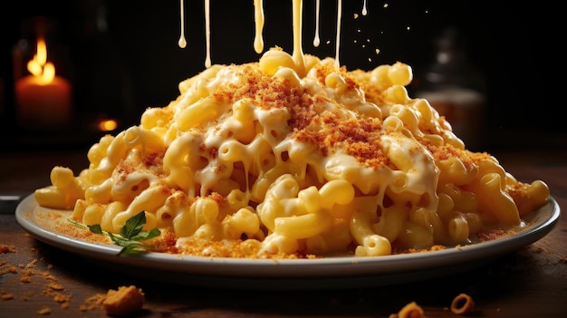 Macaroni full of melted cheese sprinkled with savory herbs on a black and blurred background