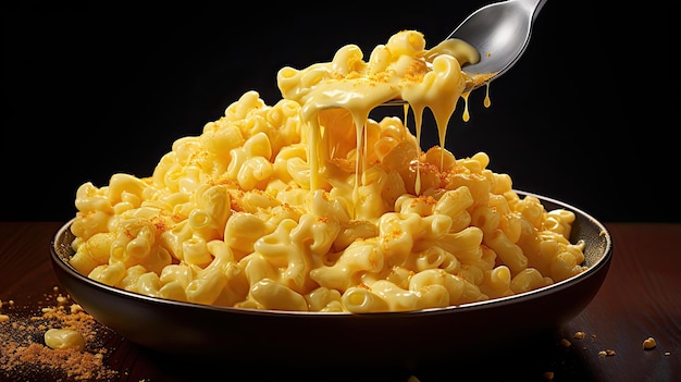 Photo macaroni full of melted cheese sprinkled with savory herbs on a black and blurred background