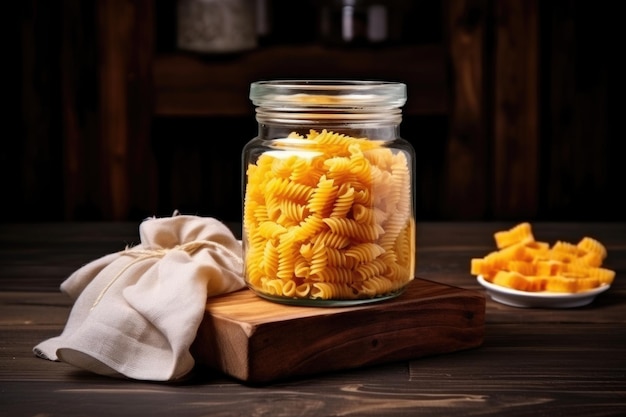 Macaroni pasta in een glazen pot op de plank