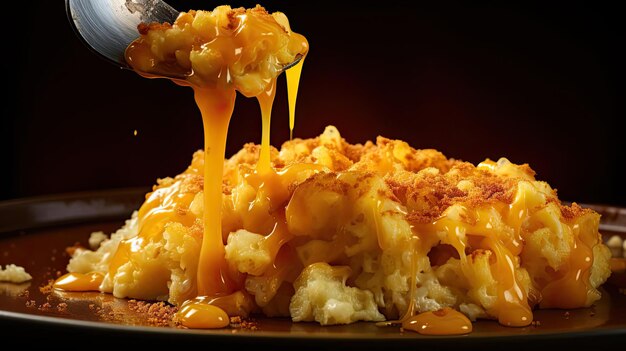 macaroni vol gesmolten kaas bestrooid met hartige kruiden op een zwarte en onscherpe achtergrond