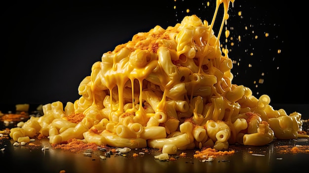 Macaroni vol gesmolten kaas bestrooid met hartige kruiden op een zwarte en onscherpe achtergrond