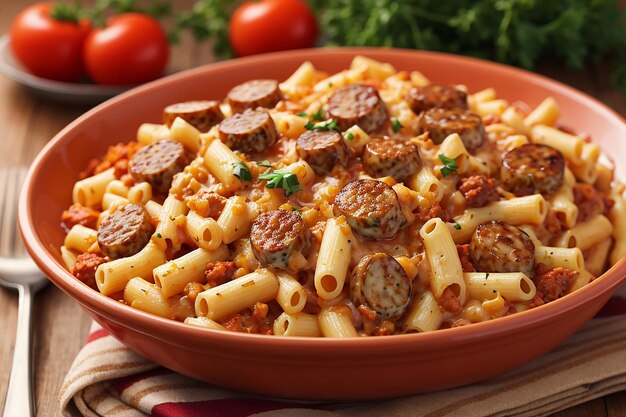 Photo macaroni with sausage