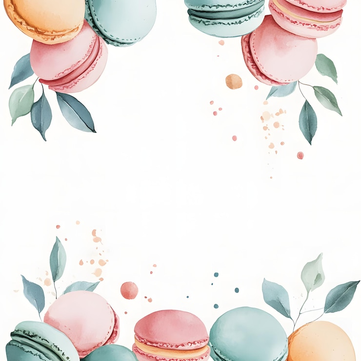 Photo macarons border with minimal details and a simple illustration watercolor botanical banner