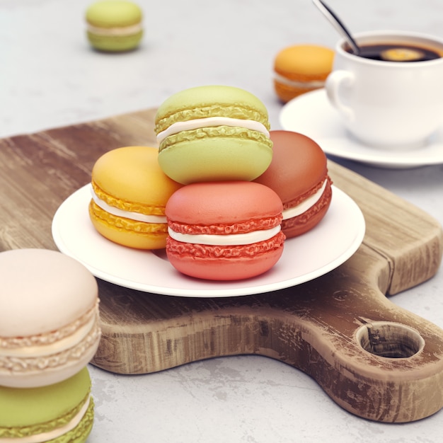 Macarons dessert with cup of coffee