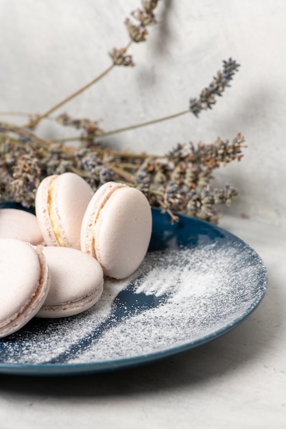 Macarons en silhouet van vork in poedersuiker op een plaat