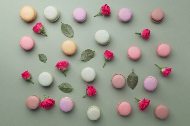 Macarons flat lay with roses and leaves on green background. Top view