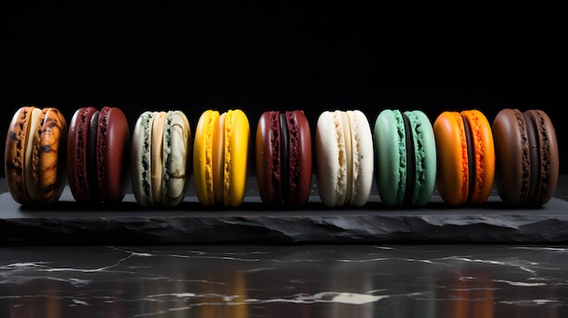 Macarons in lijn met verschillende kleuren op een zwarte tafel