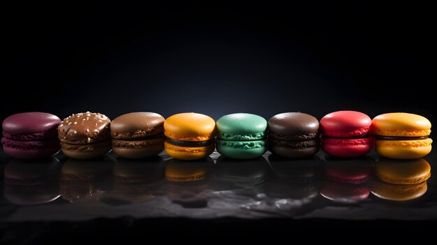 Macarons in lijn met verschillende kleuren op een zwarte tafel