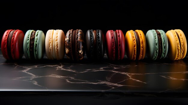 Macarons in line with different colors on a black table