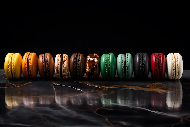Macarons in line with different colors on a black table