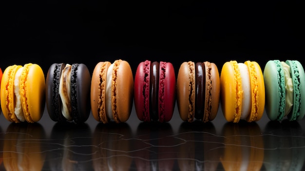 Macarons in line with different colors on a black table