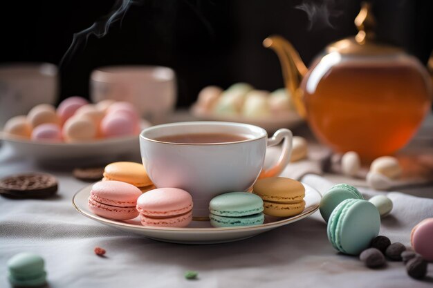 Macarons met een kopje thee Ai gegenereerd