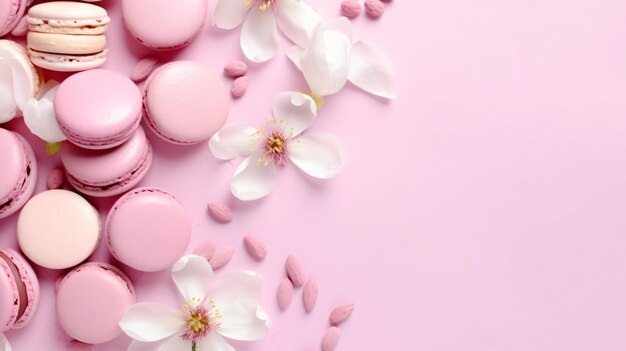 Foto macarons met pioenen bloemblaadjes op roze achtergrond