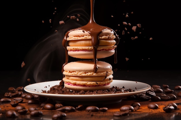 Macarons stacked with chocolate drizzle coffee beans scattered