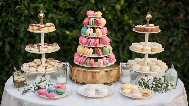 Macarons tiramisu and panna cotta on the sweet wedding buffet