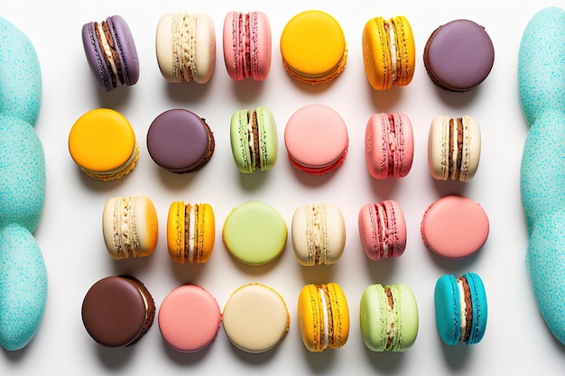 Of macarons on a white backdrop French pastries with color a top view