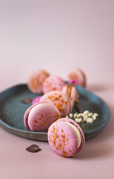 Macarons with coffee and vanilla filling Dessert for tea or coffee break Pastel color