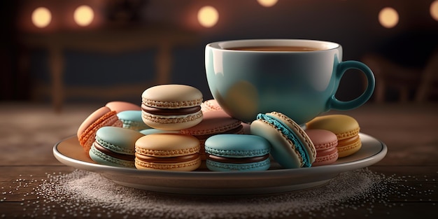 macarons with a cup of hot coffee on blurred background