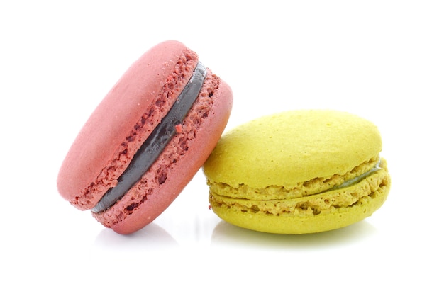 Macaroon dessert on white background.